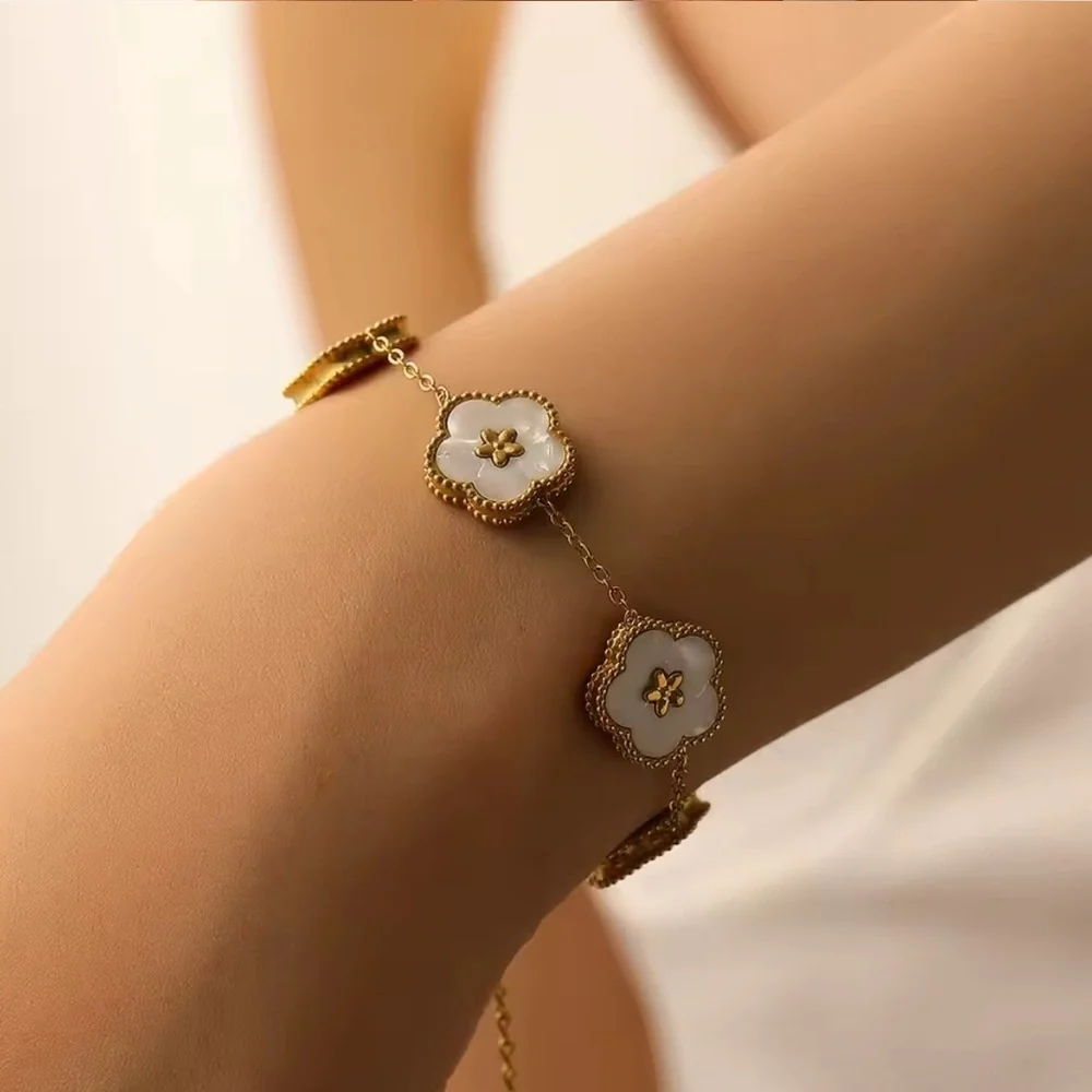 18K Gold White Plum Blossom 5 Leaf  Necklace, Earrings & Bracelet Set No Fade
